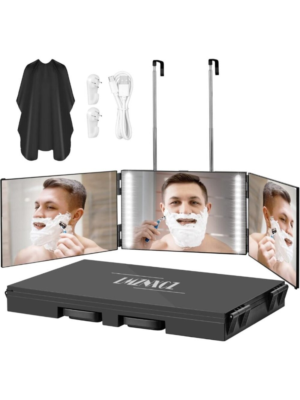 LED Lighted 3-Way Tri-Fold Mirror for Hair Cutting & Grooming - Adjustable